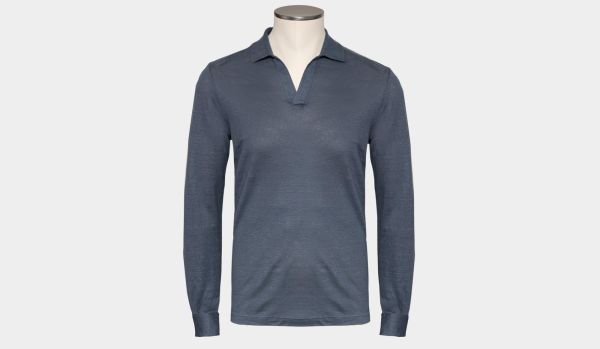 Gran Sasso Linen V-neck Polo Blue-Grey