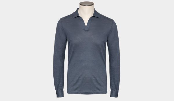 Gran Sasso Linen V-neck Polo Blue-Grey
